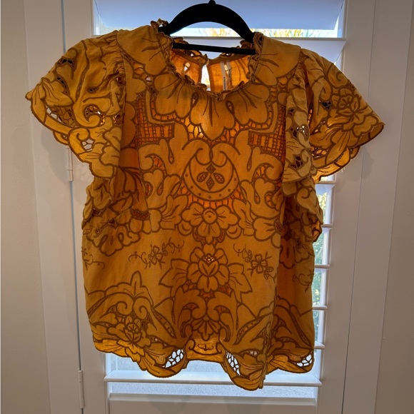 Anthropologie Mustard Floral Lace Blouse - Picture 3 of 5